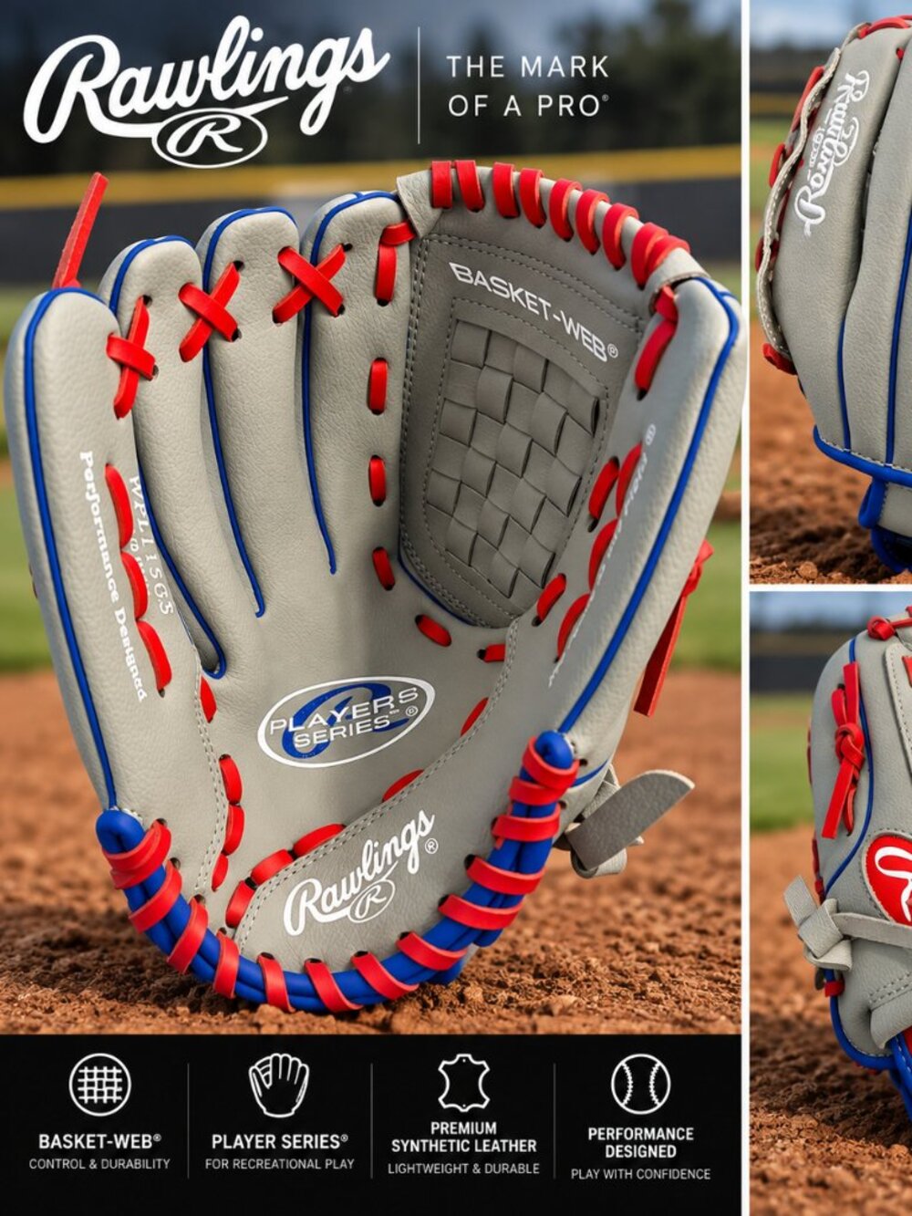 Rawlings Player Series WPL115GS 11.5" Baseball Glove Gray Red Blue